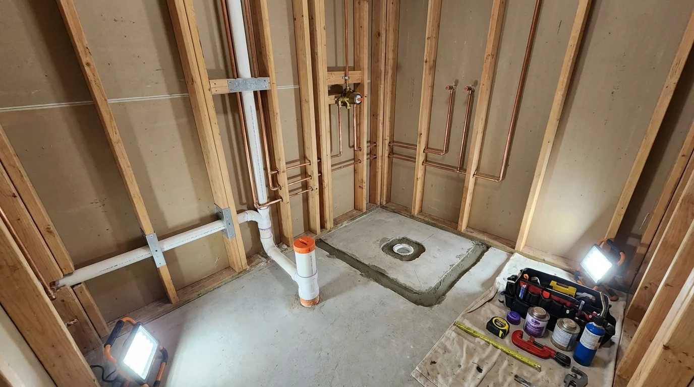 Bathroom rough-in plumbing during remodel by Johns Plumbing LLC in Shippensburg