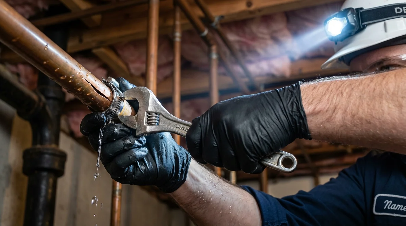 Emergency pipe clamp repair being performed by a Johns Plumbing LLC plumber in Shippensburg