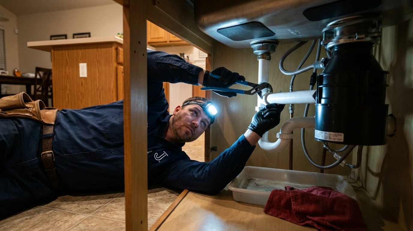 P-trap and supply line connections under a kitchen sink showing a common leak point in Shippensburg, PA
